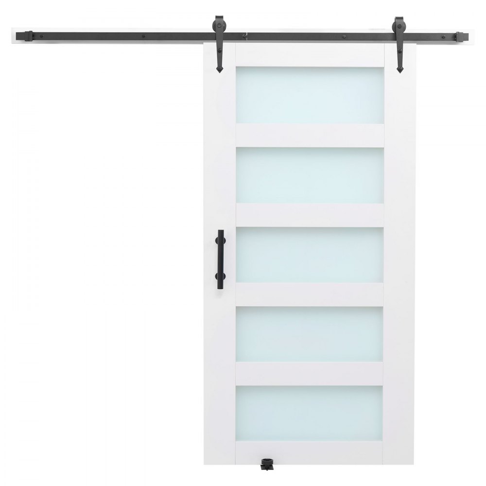 VEVOR Puerta Corrediza de Granero, Panel de la Puerta de MDF y Vidrio 1067 x 2134 mm con Kit de Herrajes, Superficie de PVC Impermeable y Marco en H, Deslizamiento Suave para Sala de Estar y Baño