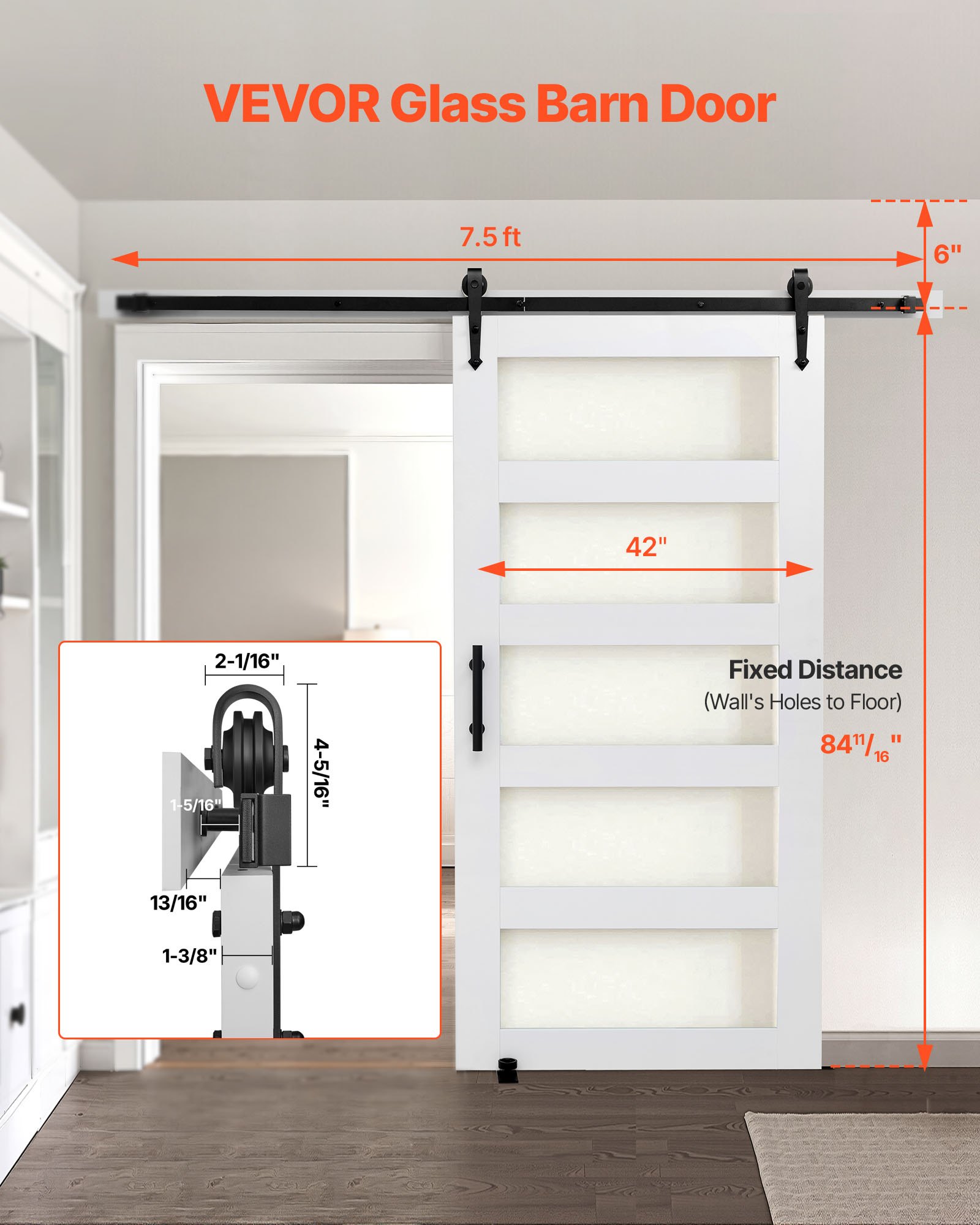 VEVOR Puerta Corrediza de Granero, Panel de la Puerta de MDF y Vidrio 1067 x 2134 mm con Kit de Herrajes, Superficie de PVC Impermeable y Marco en H, Deslizamiento Suave para Sala de Estar y Baño