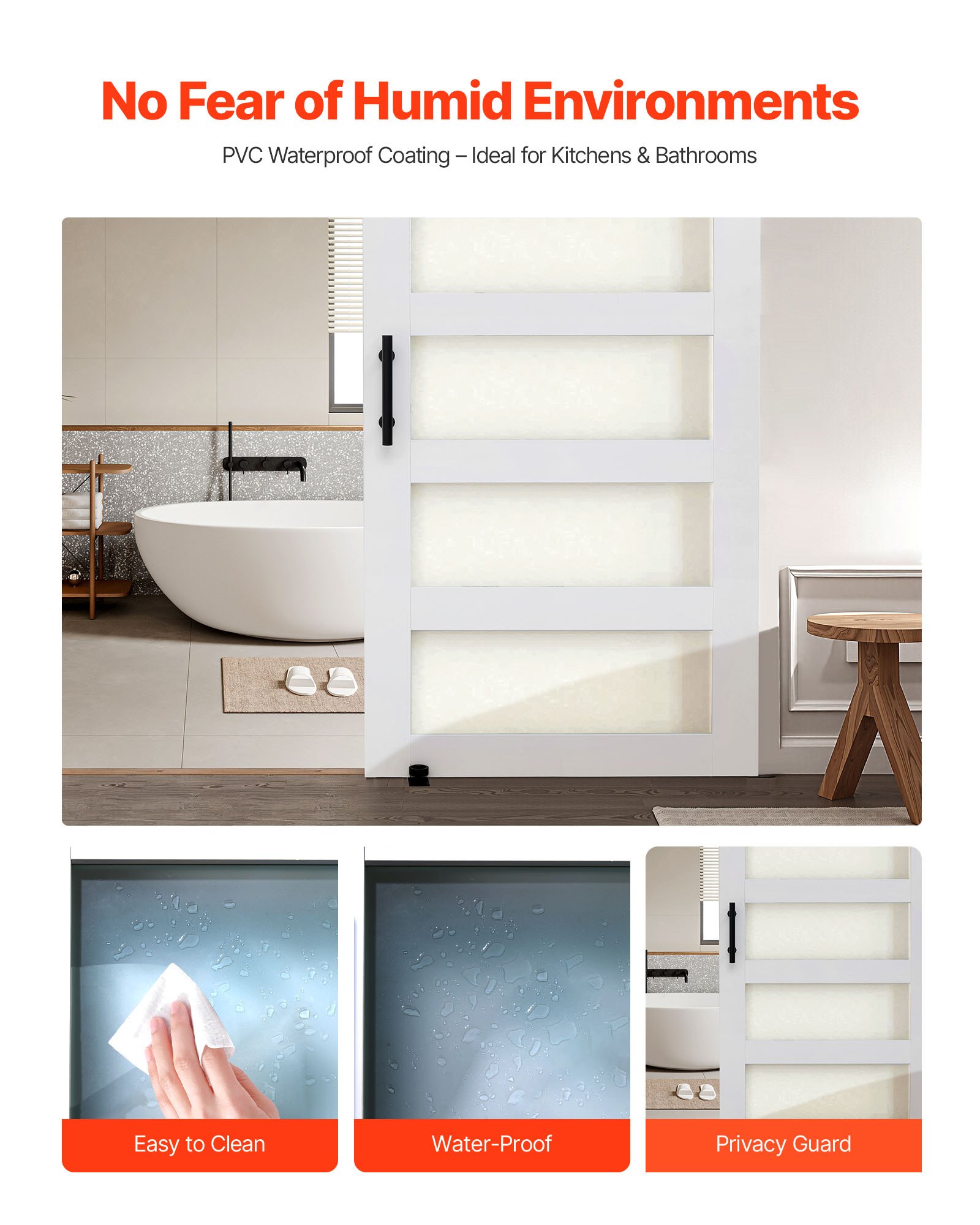 VEVOR Puerta Corrediza de Granero, Panel de la Puerta de MDF y Vidrio 1067 x 2134 mm con Kit de Herrajes, Superficie de PVC Impermeable y Marco en H, Deslizamiento Suave para Sala de Estar y Baño