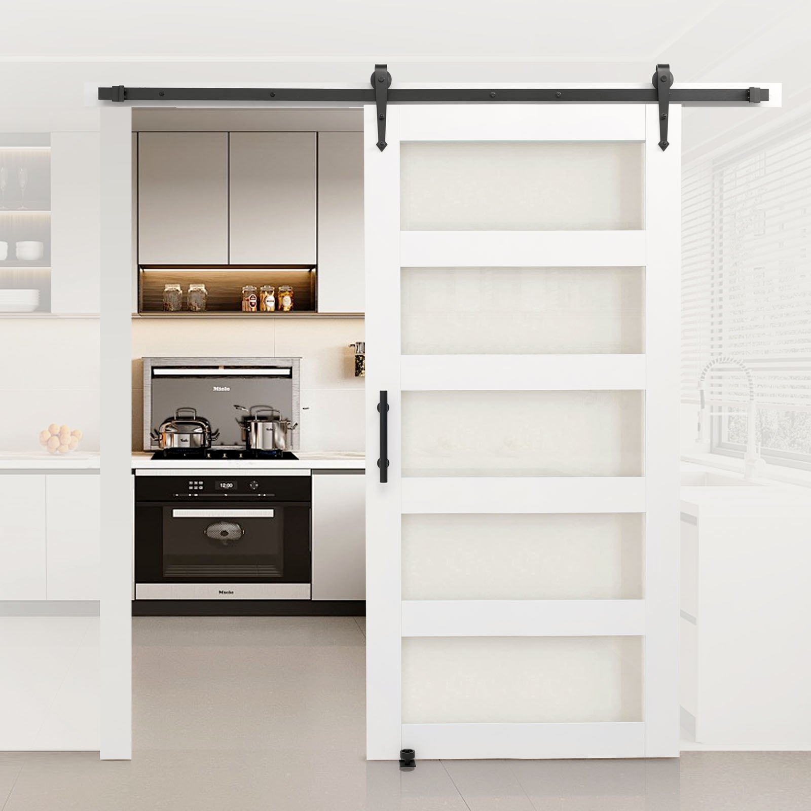 VEVOR Puerta Corrediza de Granero, Panel de la Puerta de MDF y Vidrio 1067 x 2134 mm con Kit de Herrajes, Superficie de PVC Impermeable y Marco en H, Deslizamiento Suave para Sala de Estar y Baño