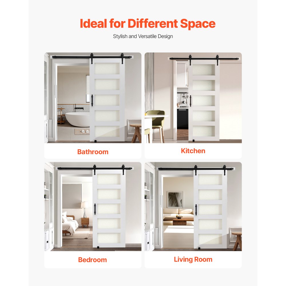 VEVOR Puerta Corrediza de Granero, Panel de la Puerta de MDF y Vidrio 813 x 2134 mm con Kit de Herrajes, Superficie de PVC Impermeable y Marco en H, Deslizamiento Suave para Sala de Estar y Baño