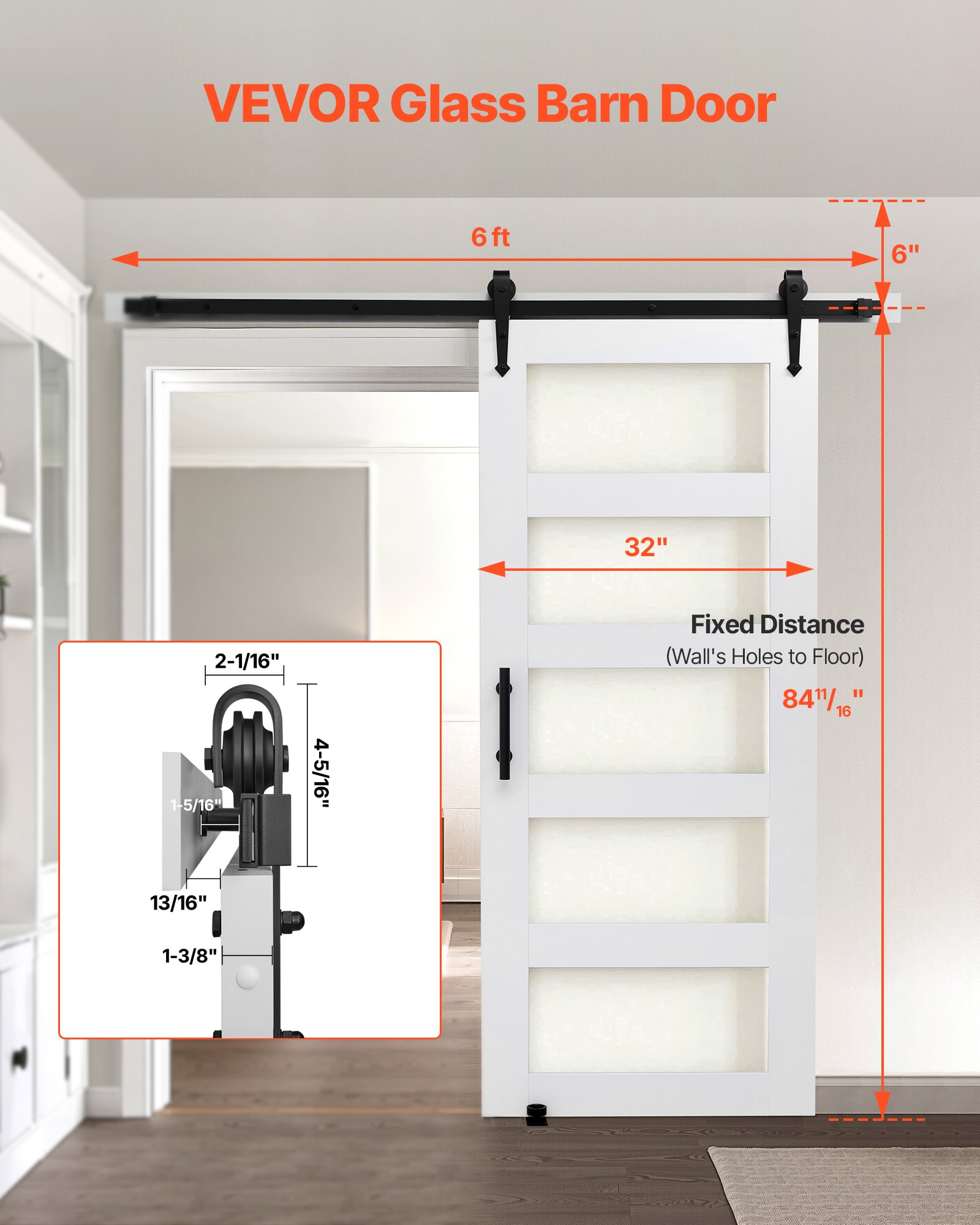 VEVOR Puerta Corrediza de Granero, Panel de la Puerta de MDF y Vidrio 813 x 2134 mm con Kit de Herrajes, Superficie de PVC Impermeable y Marco en H, Deslizamiento Suave para Sala de Estar y Baño