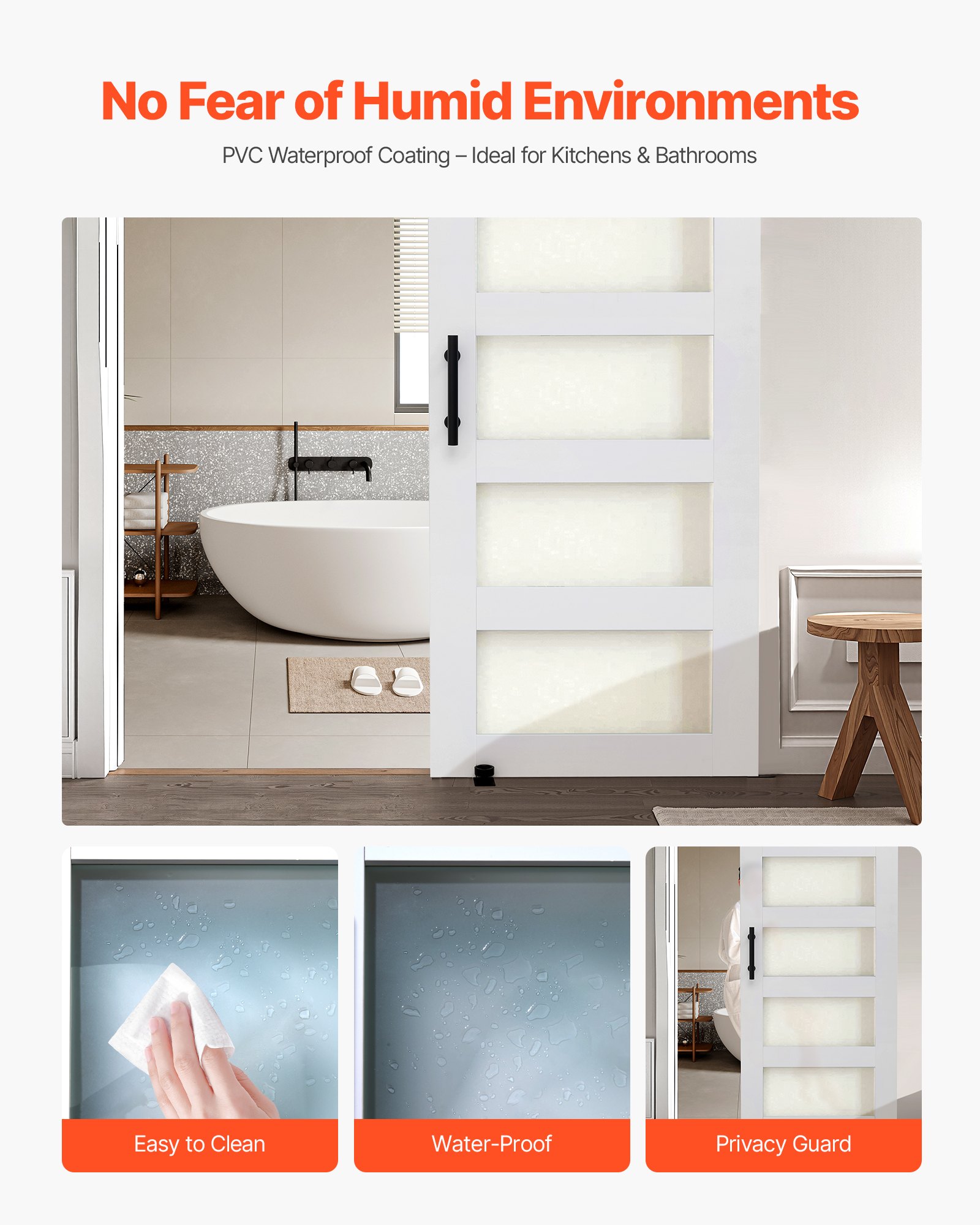 VEVOR Puerta Corrediza de Granero, Panel de la Puerta de MDF y Vidrio 813 x 2134 mm con Kit de Herrajes, Superficie de PVC Impermeable y Marco en H, Deslizamiento Suave para Sala de Estar y Baño