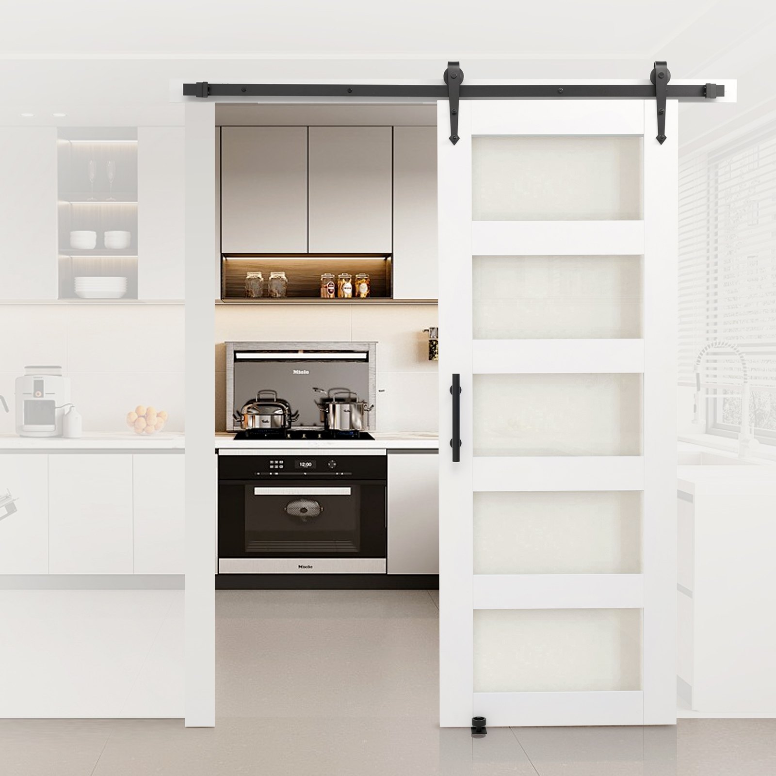 VEVOR Puerta Corrediza de Granero, Panel de la Puerta de MDF y Vidrio 813 x 2134 mm con Kit de Herrajes, Superficie de PVC Impermeable y Marco en H, Deslizamiento Suave para Sala de Estar y Baño
