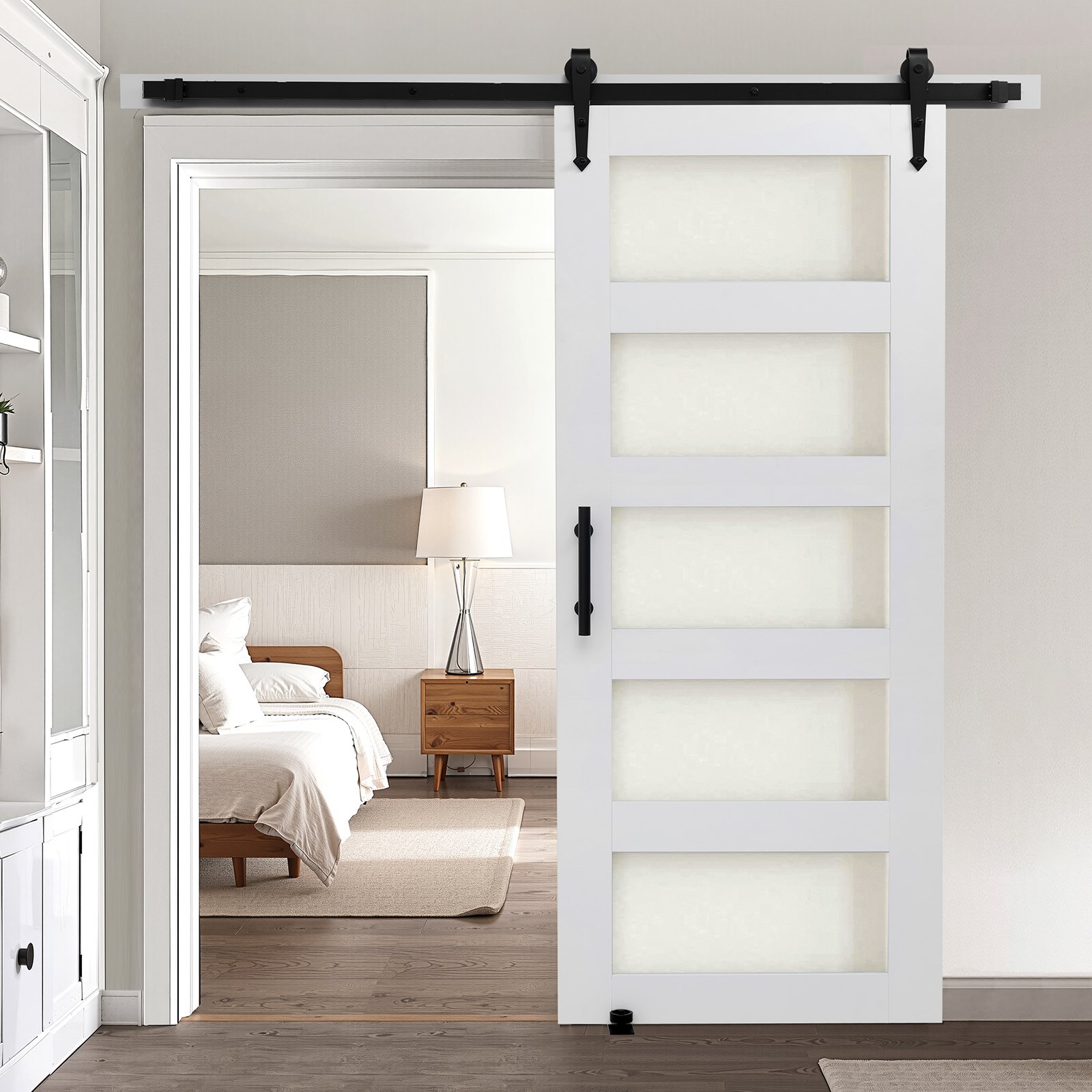 VEVOR Puerta Corrediza de Granero, Panel de la Puerta de MDF y Vidrio 813 x 2134 mm con Kit de Herrajes, Superficie de PVC Impermeable y Marco en H, Deslizamiento Suave para Sala de Estar y Baño