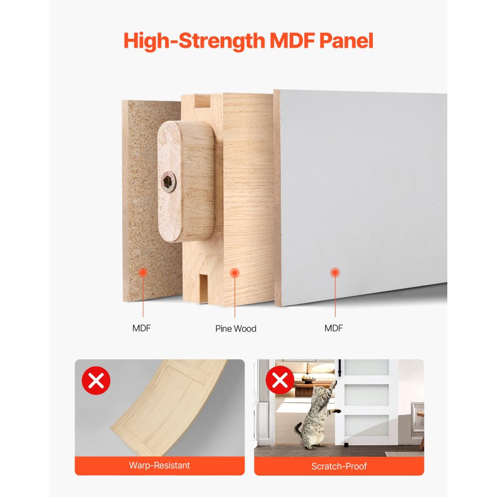 VEVOR Puerta Corrediza de Granero, Panel de la Puerta de MDF y Vidrio 762 x 2134 mm con Kit de Herrajes, Superficie de PVC Impermeable y Marco en H, Deslizamiento Suave para Sala de Estar y Baño