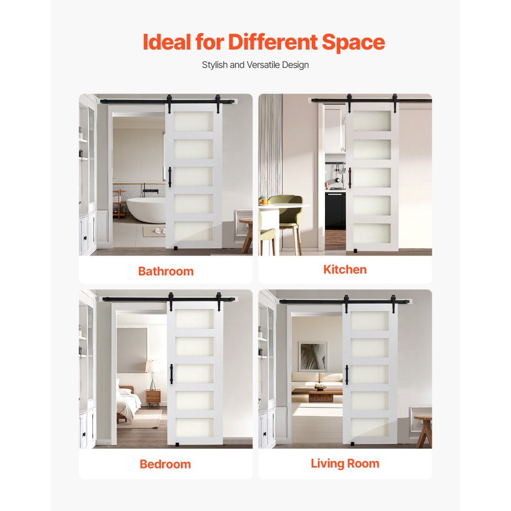 VEVOR Puerta Corrediza de Granero, Panel de la Puerta de MDF y Vidrio 762 x 2134 mm con Kit de Herrajes, Superficie de PVC Impermeable y Marco en H, Deslizamiento Suave para Sala de Estar y Baño