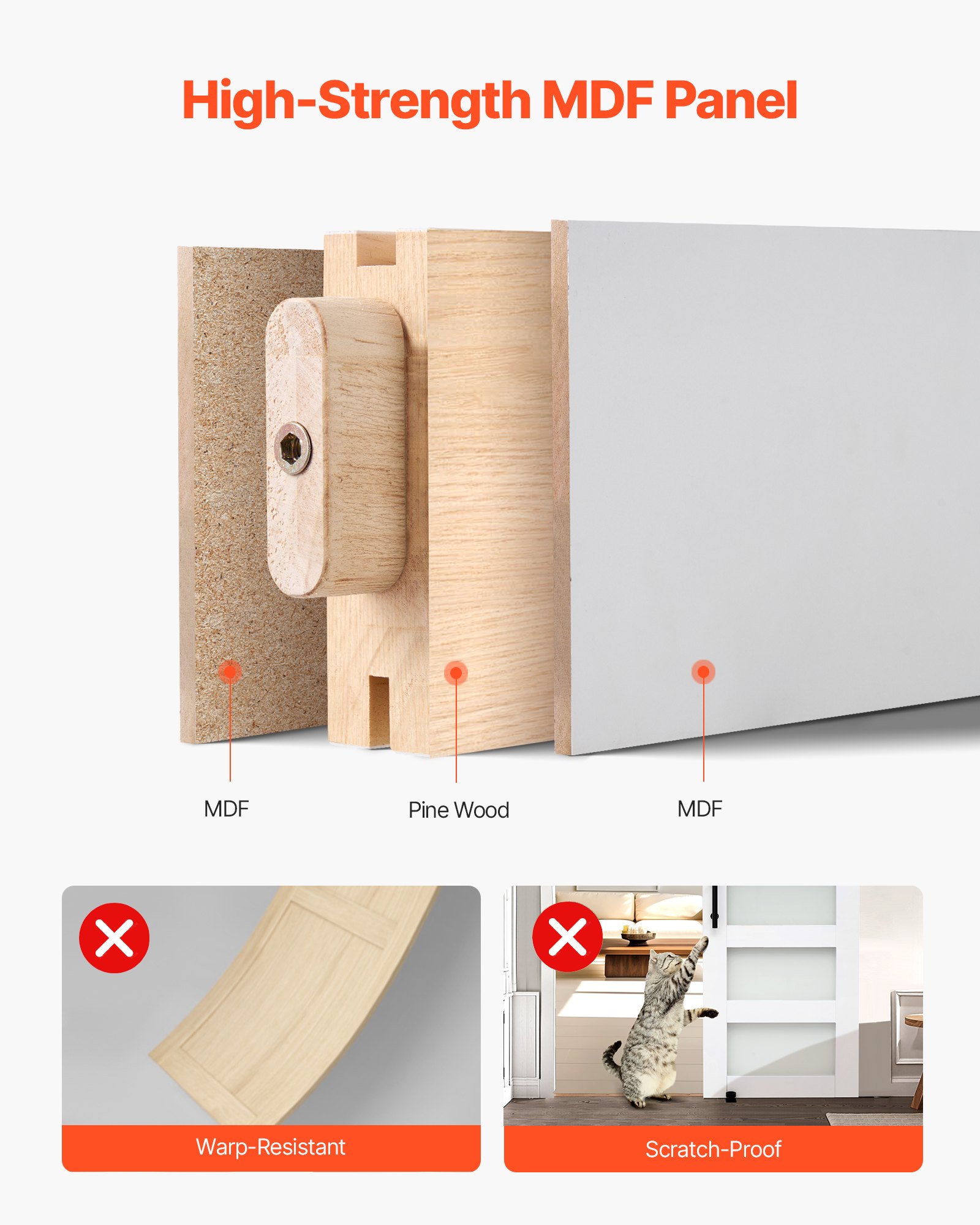 VEVOR Puerta Corrediza de Granero, Panel de la Puerta de MDF y Vidrio 762 x 2134 mm con Kit de Herrajes, Superficie de PVC Impermeable y Marco en H, Deslizamiento Suave para Sala de Estar y Baño