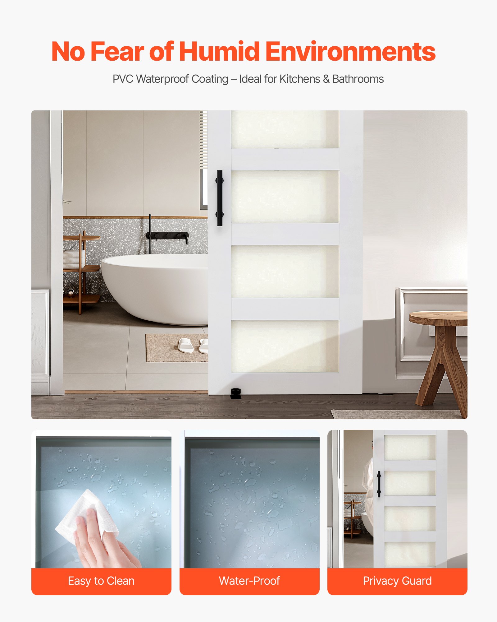 VEVOR Puerta Corrediza de Granero, Panel de la Puerta de MDF y Vidrio 762 x 2134 mm con Kit de Herrajes, Superficie de PVC Impermeable y Marco en H, Deslizamiento Suave para Sala de Estar y Baño