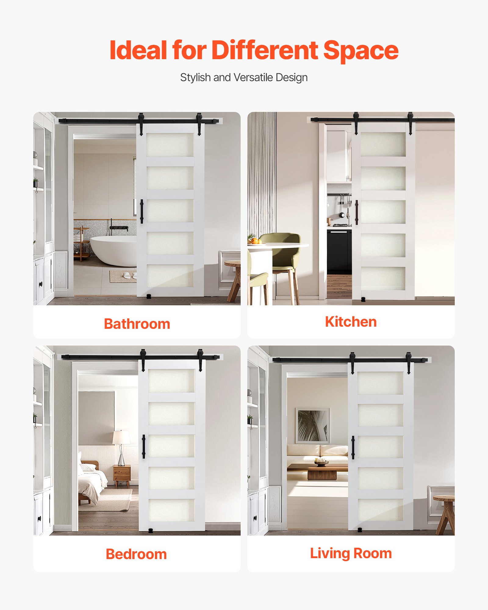 VEVOR Puerta Corrediza de Granero, Panel de la Puerta de MDF y Vidrio 762 x 2134 mm con Kit de Herrajes, Superficie de PVC Impermeable y Marco en H, Deslizamiento Suave para Sala de Estar y Baño