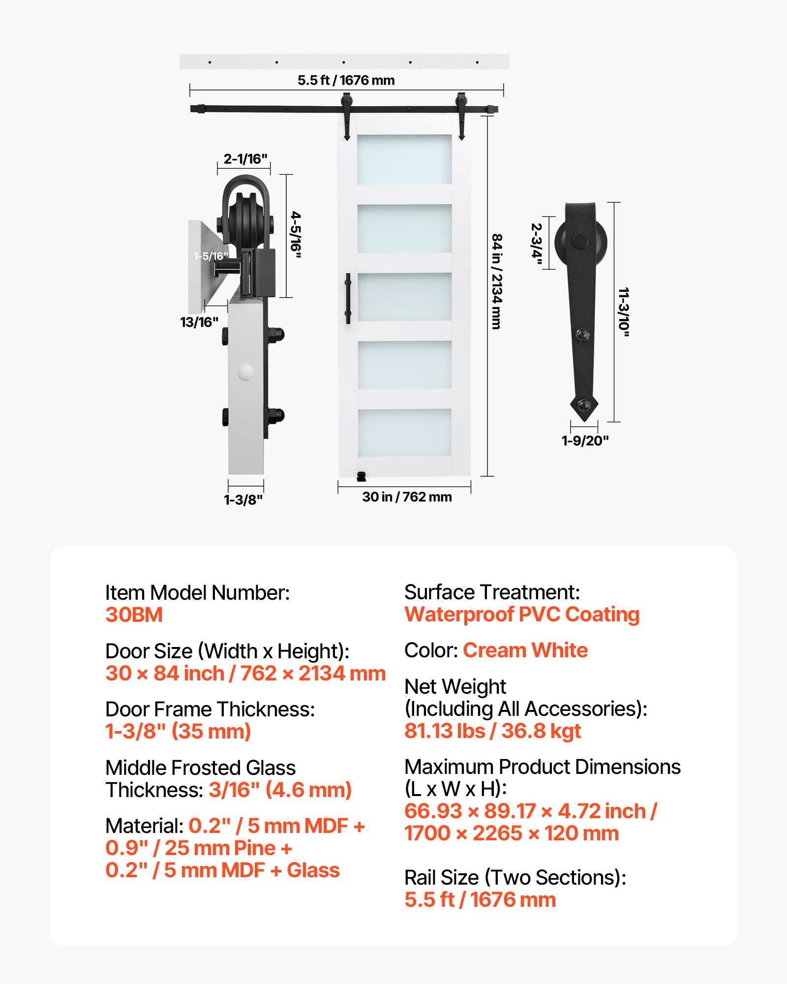 VEVOR Puerta Corrediza de Granero, Panel de la Puerta de MDF y Vidrio 762 x 2134 mm con Kit de Herrajes, Superficie de PVC Impermeable y Marco en H, Deslizamiento Suave para Sala de Estar y Baño