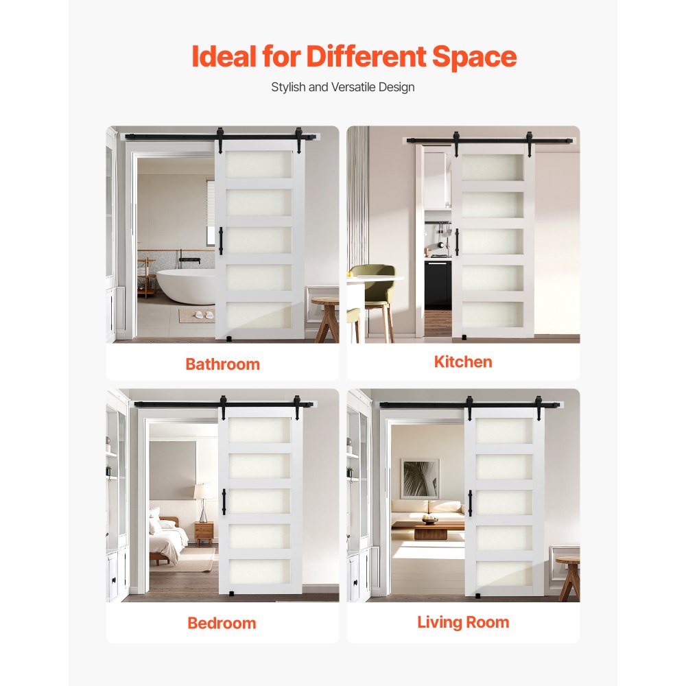 VEVOR Puerta Corrediza de Granero, Panel de la Puerta de MDF y Vidrio 914 x 2134 mm con Kit de Herrajes, Superficie de PVC Impermeable y Marco en H, Deslizamiento Suave para Sala de Estar y Baño