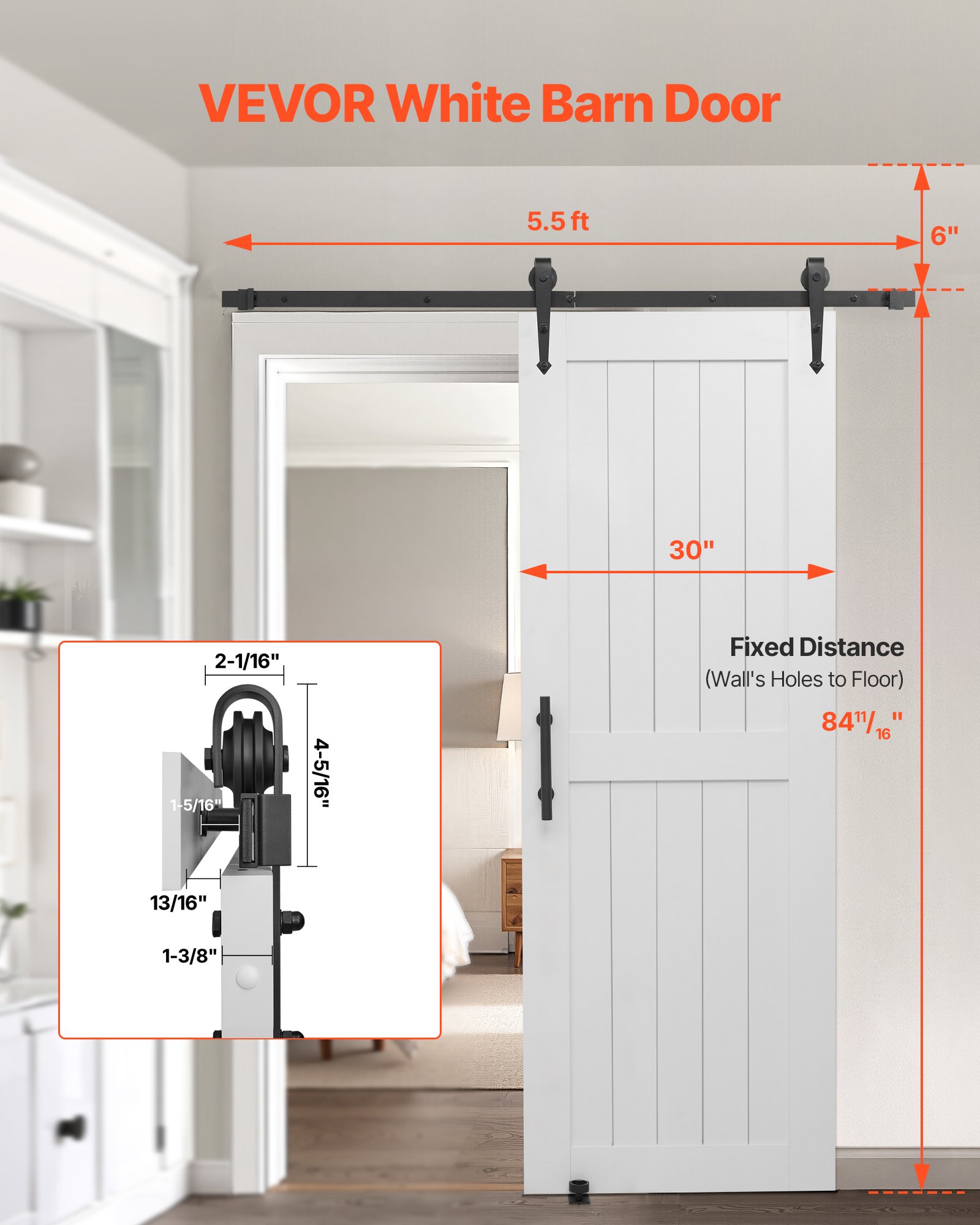VEVOR Sliding Barn Door, 762 x 2134mm, High-Strength MDF Panel, Barn Door with Hardware Kit, Water-Proof PVC Surface, Easy to Install, H-Frame, Smoothly and Quietly Sliding for Living Room, Bathroom