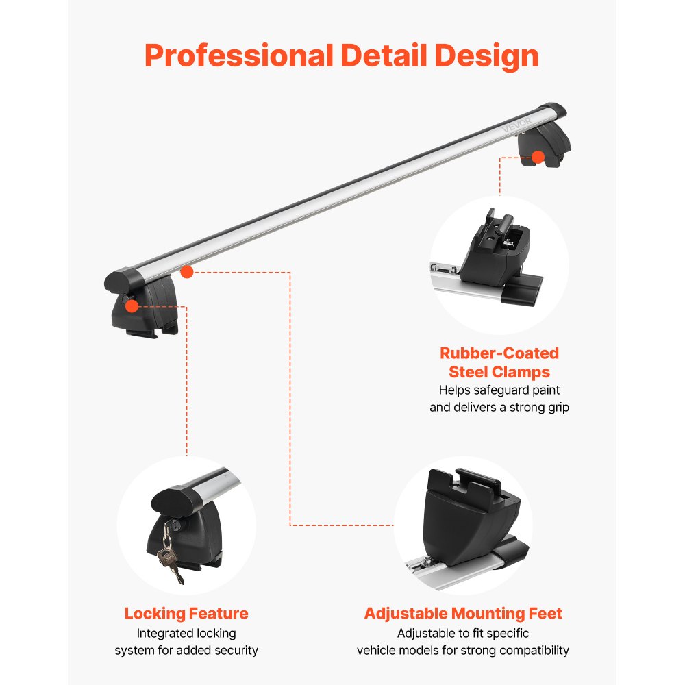 Barras transversales para portaequipajes de techo VEVOR, capacidad de 90 kg, ajuste universal para rieles de techo elevados y planos, espaciado de rieles de 18 a 108 cm, barras transversales de aluminio resistentes con cerradura, portaequipajes de techo para canoa y canoa.