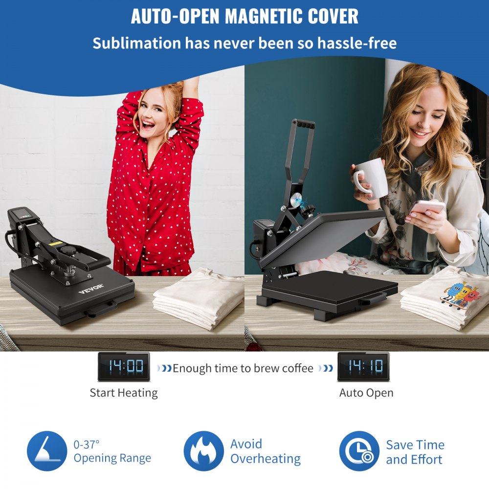 VEVOR Máquina de Prensa de Calor Semiautomática 38 x 38 cm Máquina de Sublimación Máquina de Impresión Textil Abierta Magnética Prensa Térmica