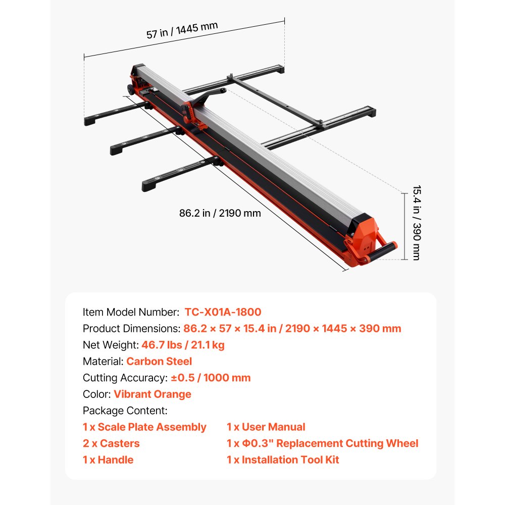 VEVOR Cortadora de Azulejos Manual 1800 mm, Capacidad de 50 kg, Corte Diagonal y Recto con Ruedas, Riel de Aluminio, Guía de Alineación, 2 Ruedas de Corte 8 y 22 mm para Cerámica Suelo Obras Pared