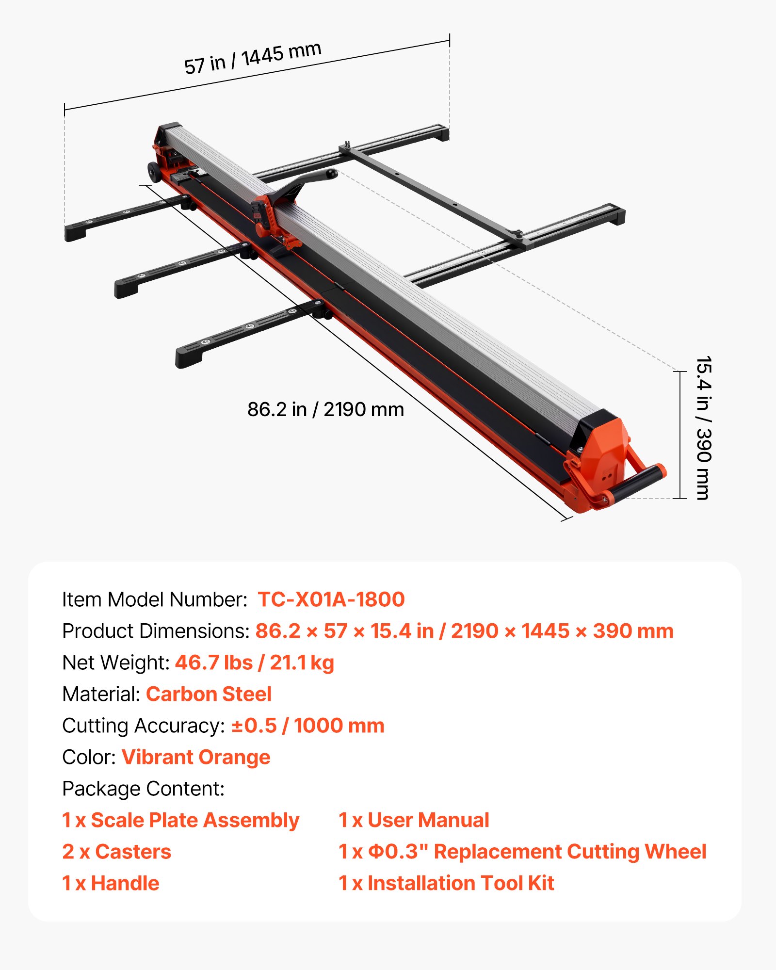 VEVOR Cortadora de Azulejos Manual 1800 mm, Capacidad de 50 kg, Corte Diagonal y Recto con Ruedas, Riel de Aluminio, Guía de Alineación, 2 Ruedas de Corte 8 y 22 mm para Cerámica Suelo Obras Pared