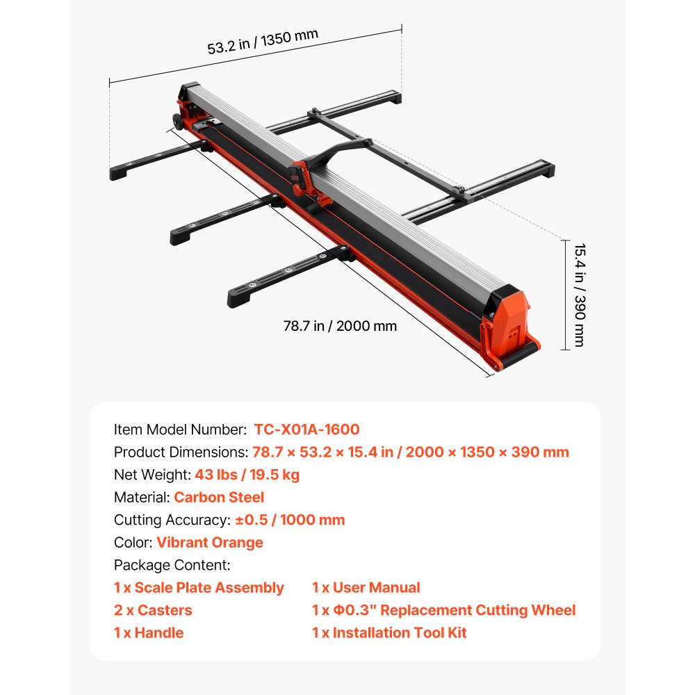 VEVOR Cortadora de Azulejos Manual 1600 mm, Capacidad de 50 kg, Corte Recto y Diagonal con Riel de Aluminio, Guía de Alineación, 2 Ruedas de Corte 8 y 22 mm para Cerámica Pared Suelo Obras Baldosas