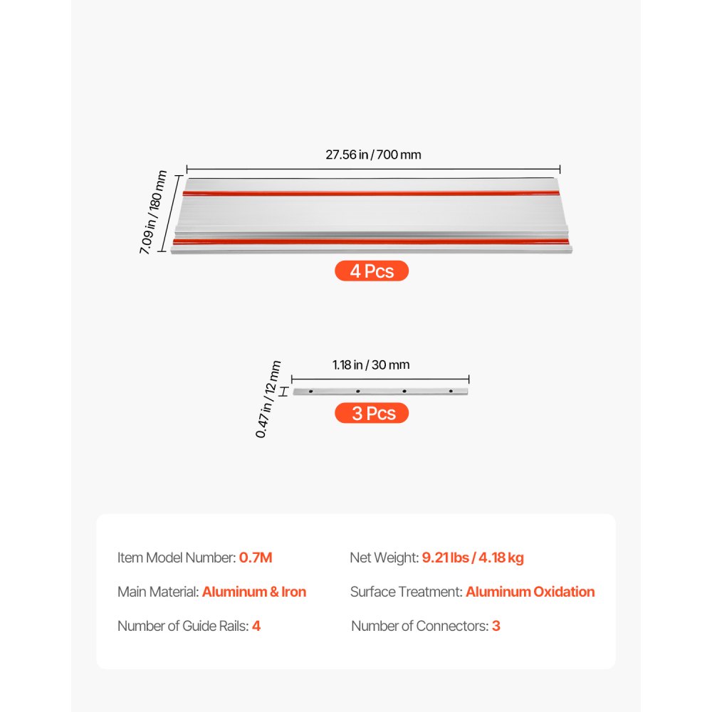 VEVOR Riel Guía para Sierra de Mesa 4 Rieles Guía de Aluminio Extruido de 698,5 mm y 3 Conector, Rango de Corte de 2794 mm Compatible con Sierras de Mesa Makita, Festool y WEN para Carpintería