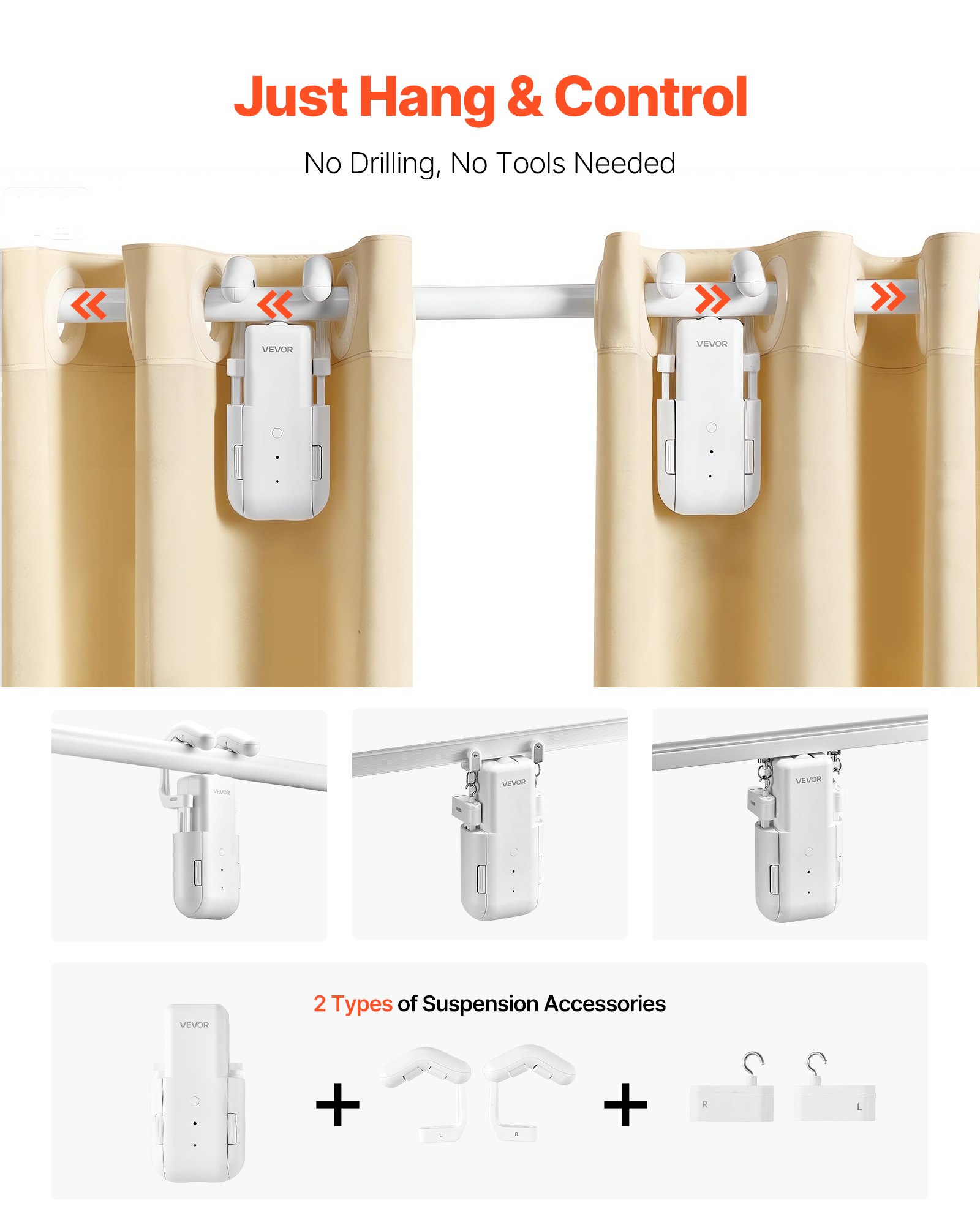 VEVOR 2 PCS Abridor de Cortinas Automático, Robot de Cortina Inteligente con App, Control Remoto, Compatible con Alexa y Google Home, Apertura/Cierre Programados, para Varillas Romanas, Rieles U/I