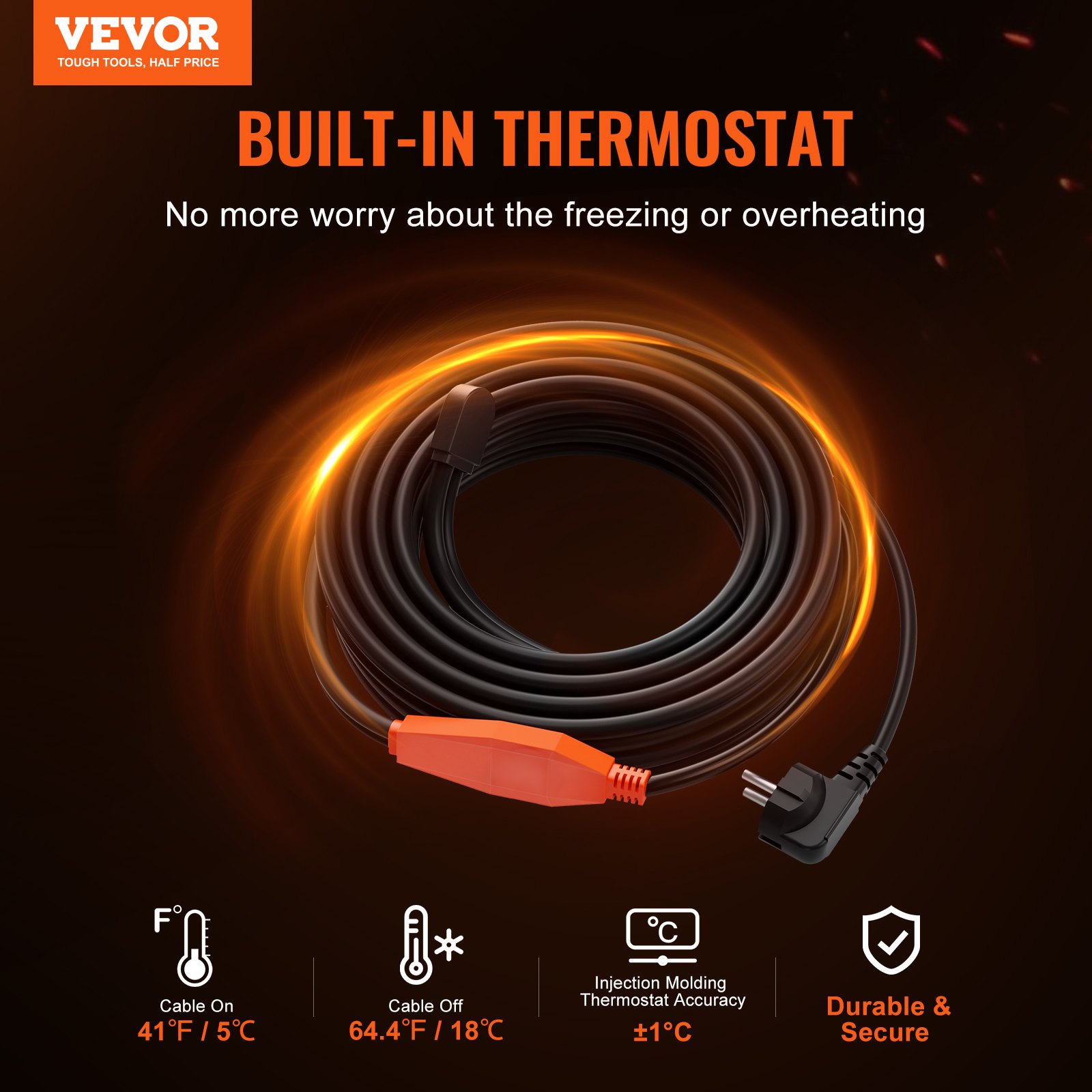 VEVOR Cable Calefactor Anticongelante para Tuberías de 9 m con Termostato Incorporado de 23W/m Instalación Conveniente para Conquistar el Invierno de las Heladas, Protección de Tuberías de Agua