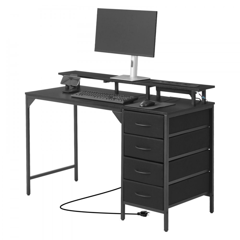 VEVOR Escritorio de Oficina, con Luces LED Inteligentes y Tomas de Corriente, con 4 Cajones Grandes y Soporte para Monitor, para Sala de Estudio, Sala de Estar, 120 x 50 x 86 cm, Color Negro