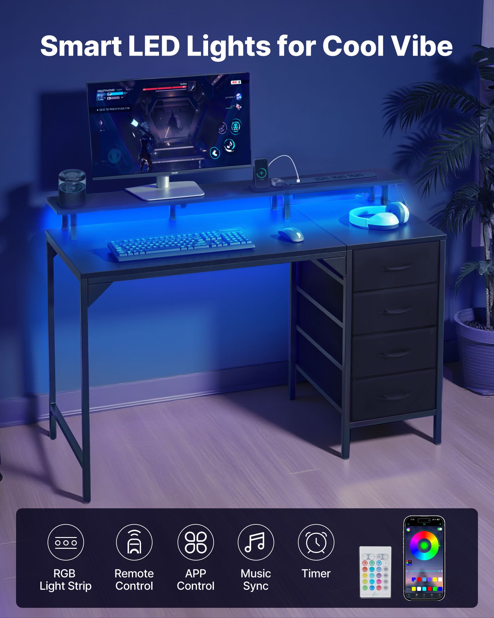 VEVOR Escritorio de Oficina, con Luces LED Inteligentes y Tomas de Corriente, con 4 Cajones Grandes y Soporte para Monitor, para Sala de Estudio, Sala de Estar, 120 x 50 x 86 cm, Color Negro