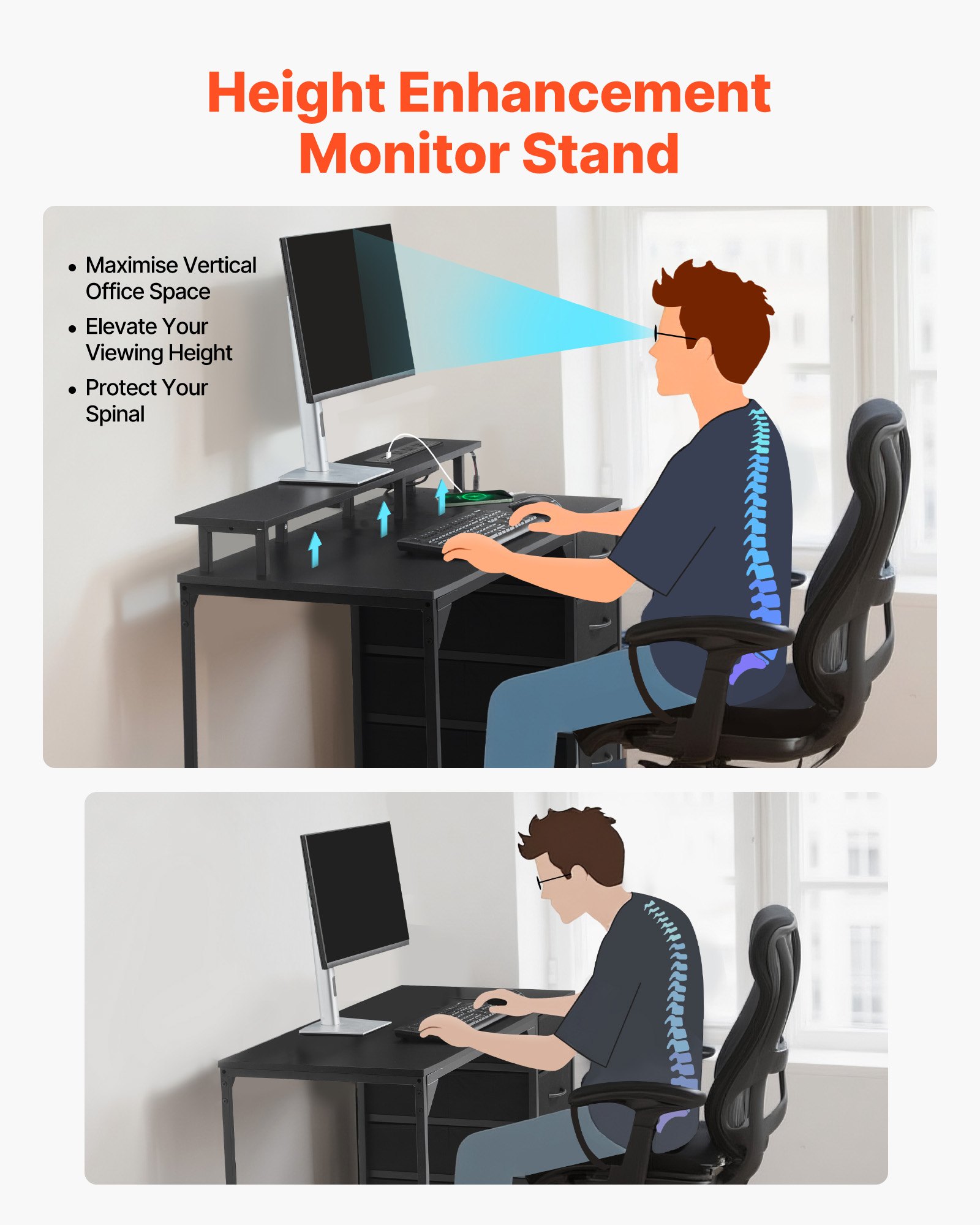VEVOR Escritorio de Oficina, con Luces LED Inteligentes y Tomas de Corriente, con 4 Cajones Grandes y Soporte para Monitor, para Sala de Estudio, Sala de Estar, 120 x 50 x 86 cm, Color Negro
