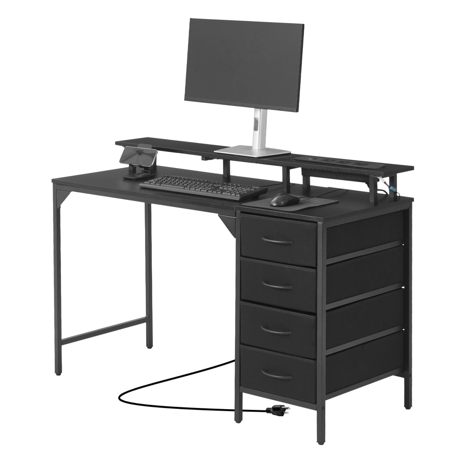 VEVOR Escritorio de Oficina, con Luces LED Inteligentes y Tomas de Corriente, con 4 Cajones Grandes y Soporte para Monitor, para Sala de Estudio, Sala de Estar, 120 x 50 x 86 cm, Color Negro