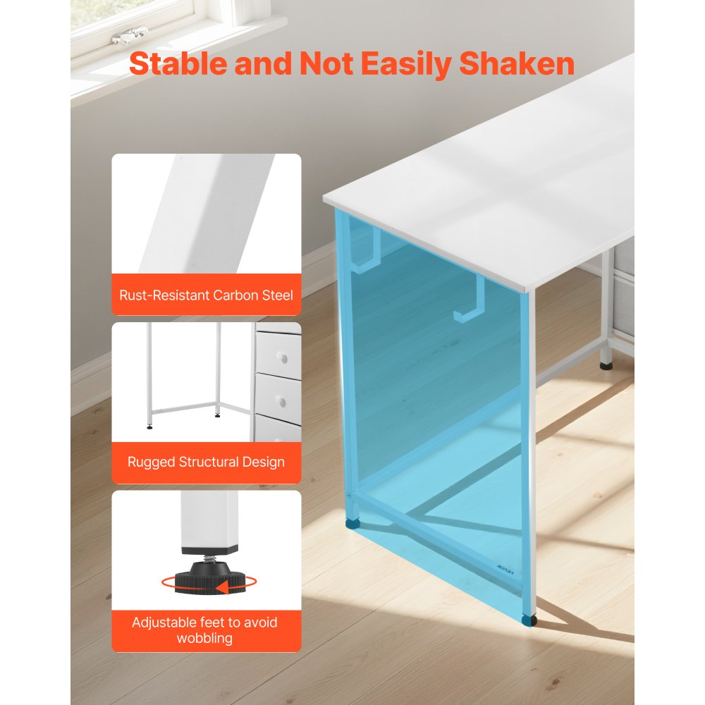 VEVOR Computer Desk with Fabric Drawers, 120 cm Reversible Study Work Writing Desk for Modern Home Office Bedroom, Simple Modern Cute PC Table Metal Frame Business Furniture, White