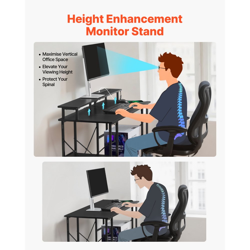 VEVOR Escritorio de Oficina, con Luces LED Inteligentes y Tomas de Corriente, con Soporte para Monitor y Estantes de Almacenamiento de 2 Niveles, Carga de 68 kg, 120 x 50 x 86,5 cm, Color Negro