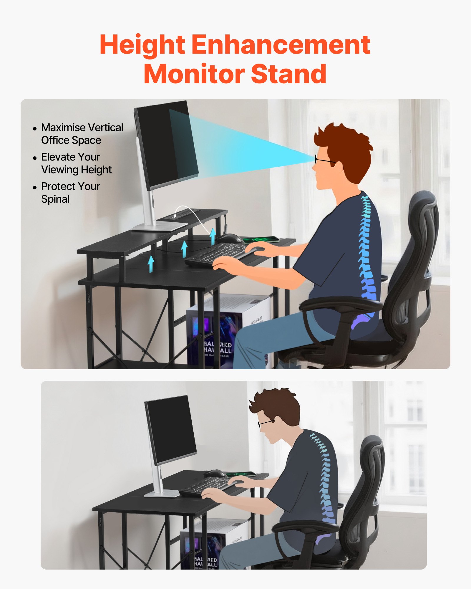 VEVOR Escritorio de Oficina, con Luces LED Inteligentes y Tomas de Corriente, con Soporte para Monitor y Estantes de Almacenamiento de 2 Niveles, Carga de 68 kg, 120 x 50 x 86,5 cm, Color Negro