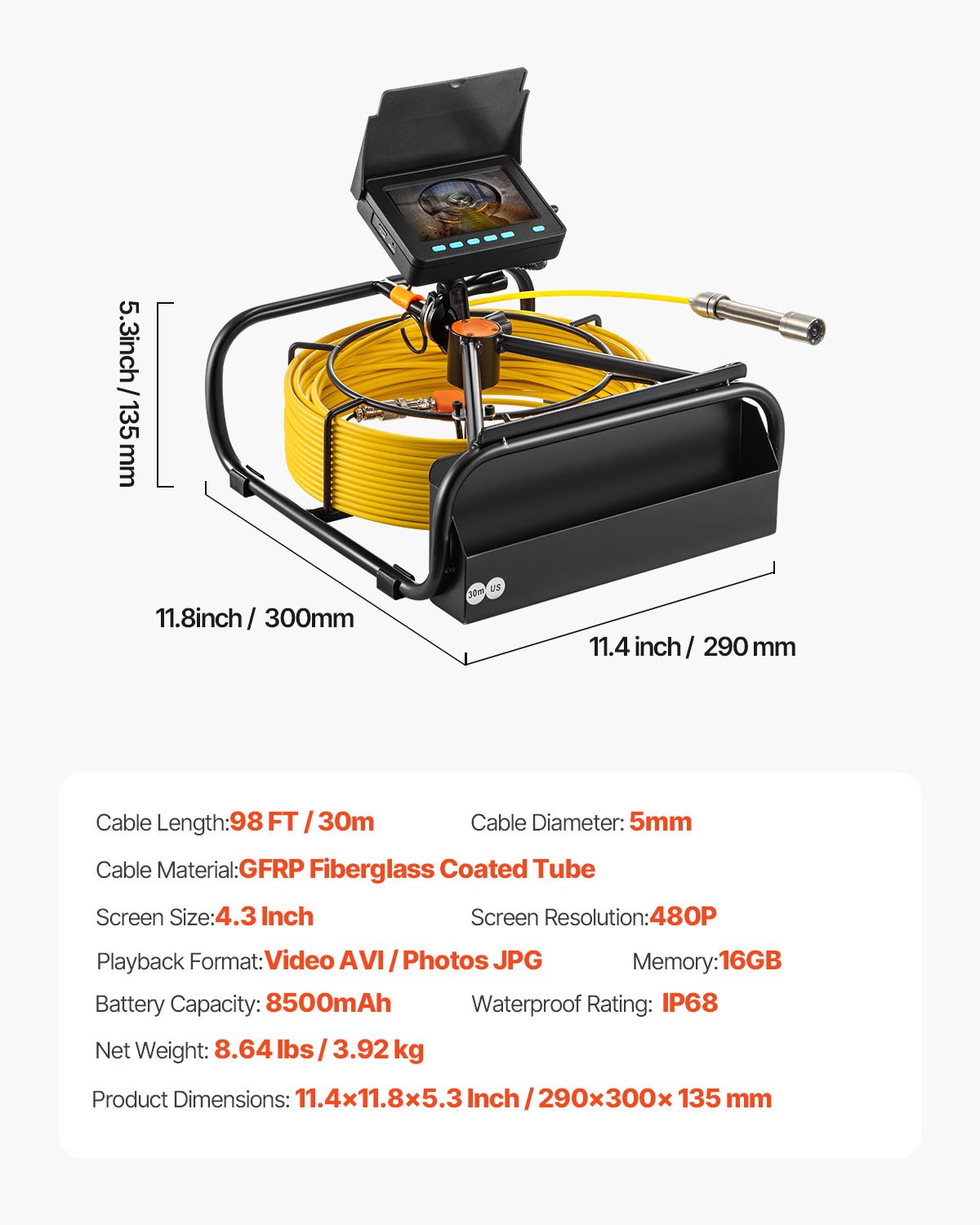 VEVOR Cámara de Inspección de Tuberías 30m Cable con Monitor LCD de 4,3 pulgadas