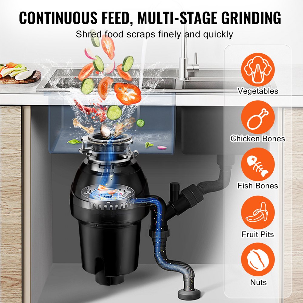 VEVOR Triturador de Basura para Fregadero de Cocina, 1,25 HP, Sistema de Eliminación de Residuos de Alimentos, 4060 RPM, Reducción de Ruido, Cable de Alimentación, para el Hogar, 210 x 210 x 390 mm