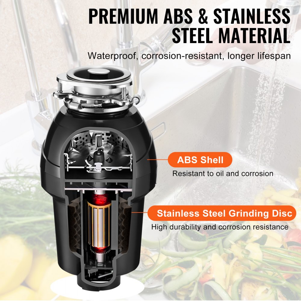 VEVOR Triturador de Basura para Fregadero de Cocina, 1,25 HP, Sistema de Eliminación de Residuos de Alimentos, 4060 RPM, Reducción de Ruido, Cable de Alimentación, para el Hogar, 210 x 210 x 390 mm