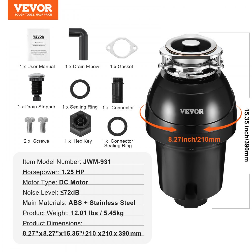 VEVOR Triturador de Basura para Fregadero de Cocina, 1,25 HP, Sistema de Eliminación de Residuos de Alimentos, 4060 RPM, Reducción de Ruido, Cable de Alimentación, para el Hogar, 210 x 210 x 390 mm
