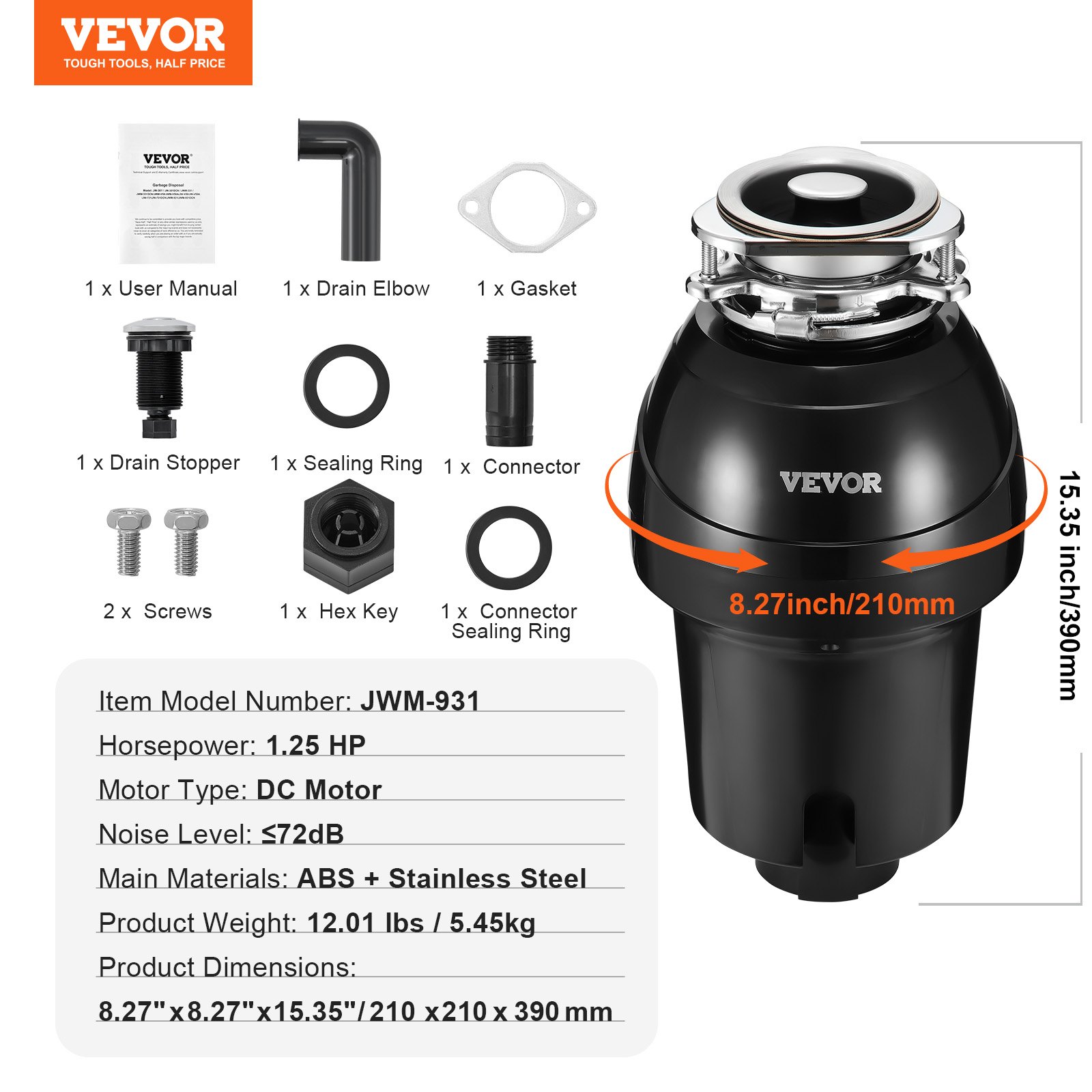 VEVOR Triturador de Basura para Fregadero de Cocina, 1,25 HP, Sistema de Eliminación de Residuos de Alimentos, 4060 RPM, Reducción de Ruido, Cable de Alimentación, para el Hogar, 210 x 210 x 390 mm
