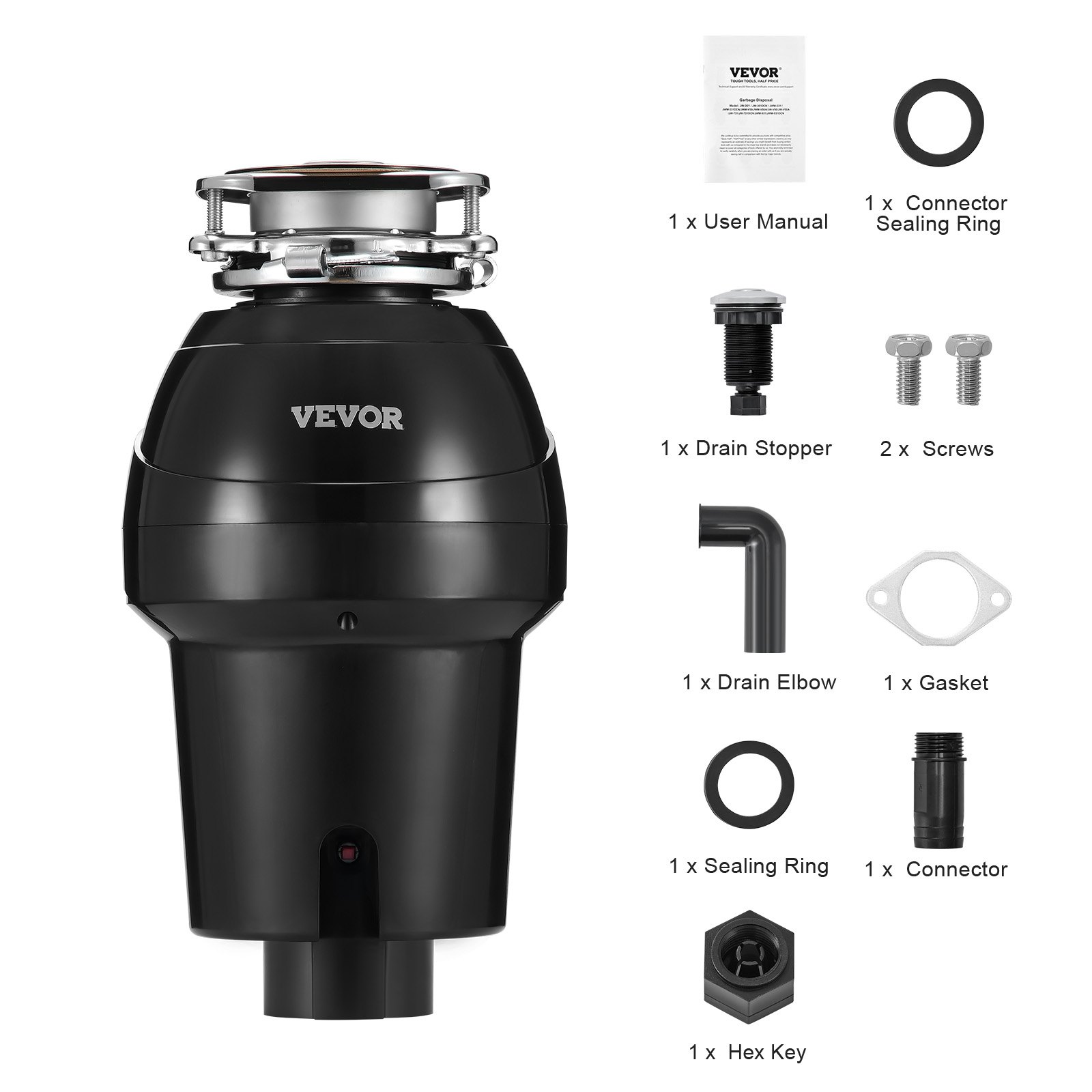 VEVOR Triturador de Basura para Fregadero de Cocina, 1,25 HP, Sistema de Eliminación de Residuos de Alimentos, 4060 RPM, Reducción de Ruido, Cable de Alimentación, para el Hogar, 210 x 210 x 390 mm