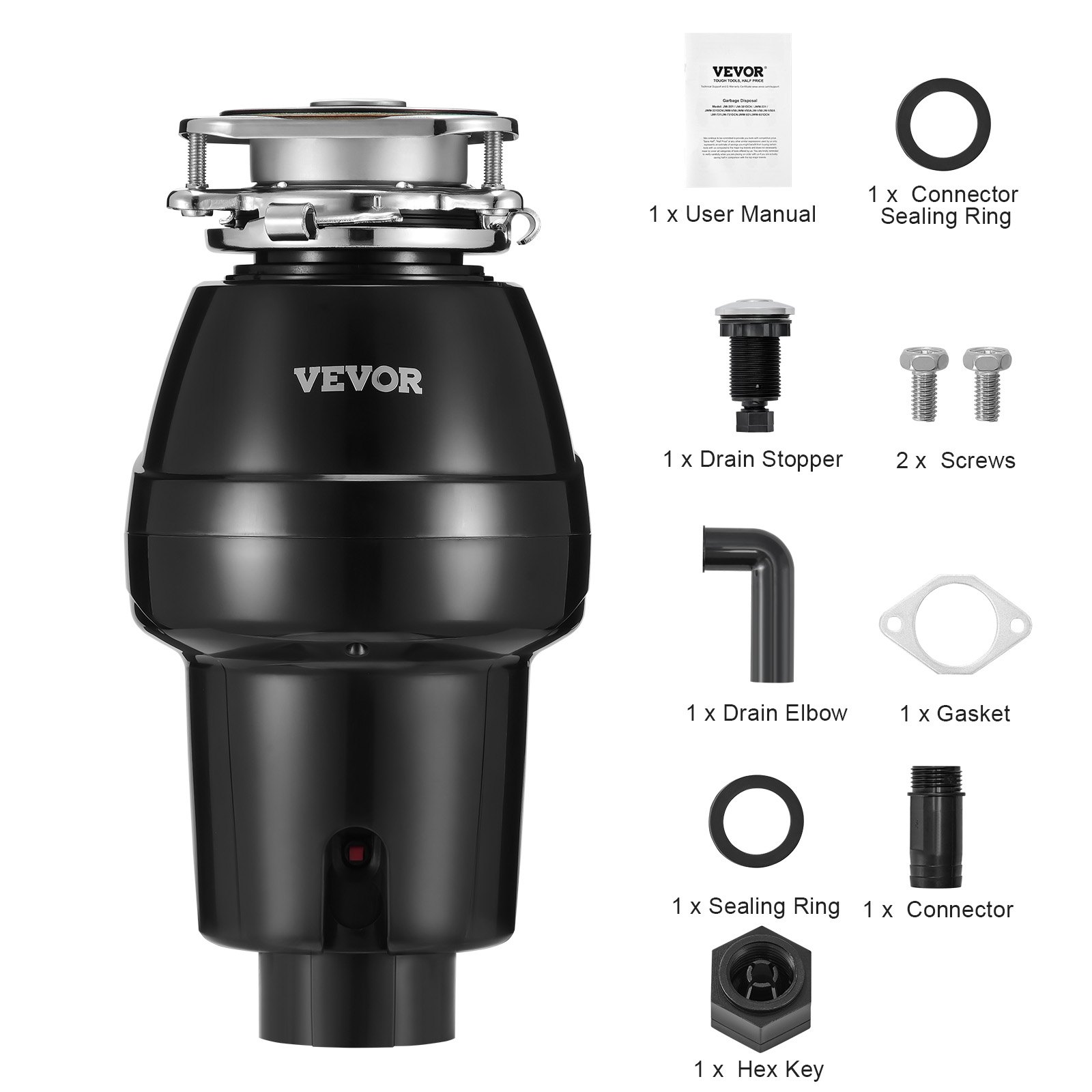 VEVOR Triturador de Basura para Fregadero de Cocina, 1/2 HP, Sistema de Eliminación de Residuos de Alimentos, Montaje 3 Pernos, 3820 RPM, con Cable de Alimentación, para el Hogar, 185 x 185 x 370 mm