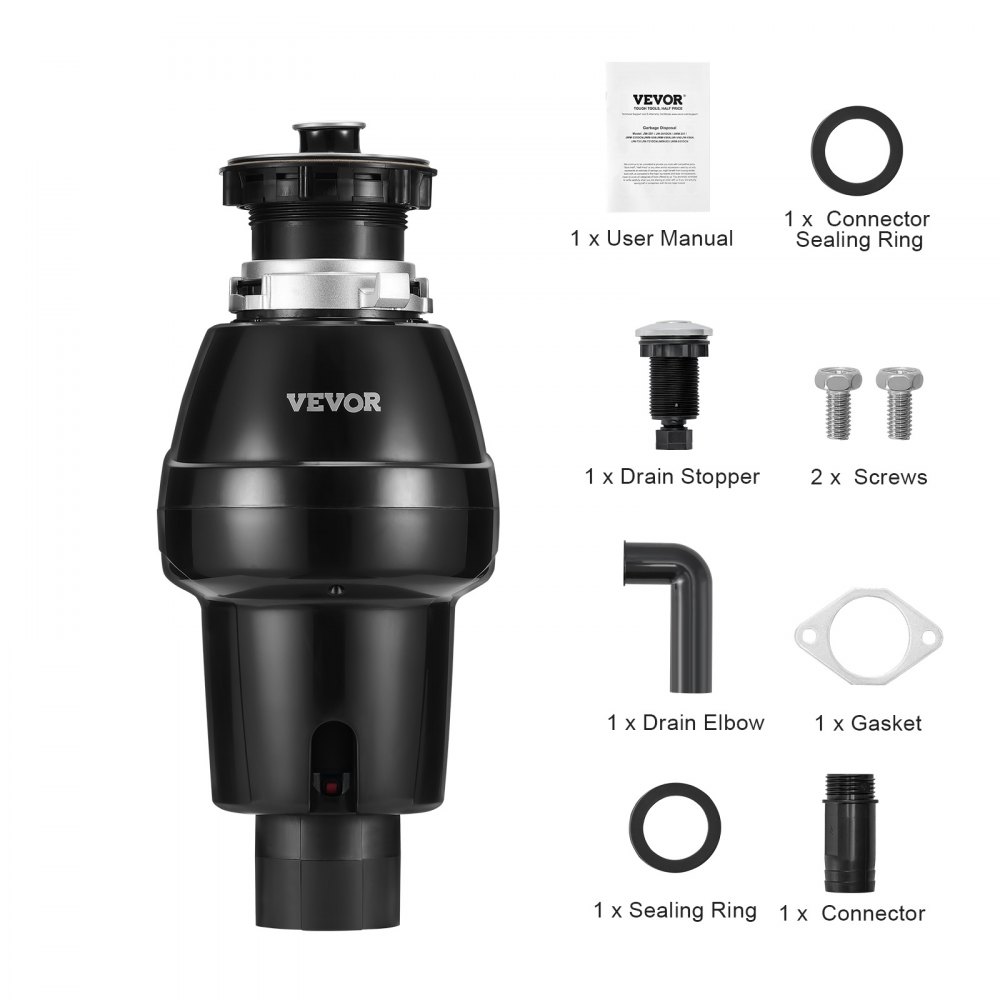 VEVOR Triturador de Basura para Fregadero de Cocina, 3/4 HP, Sistema de Eliminación de Residuos de Alimentos, 3930 RPM, con Cable de Alimentación, para el Hogar, Cocina, 185 x 185 x 395 mm, Negro