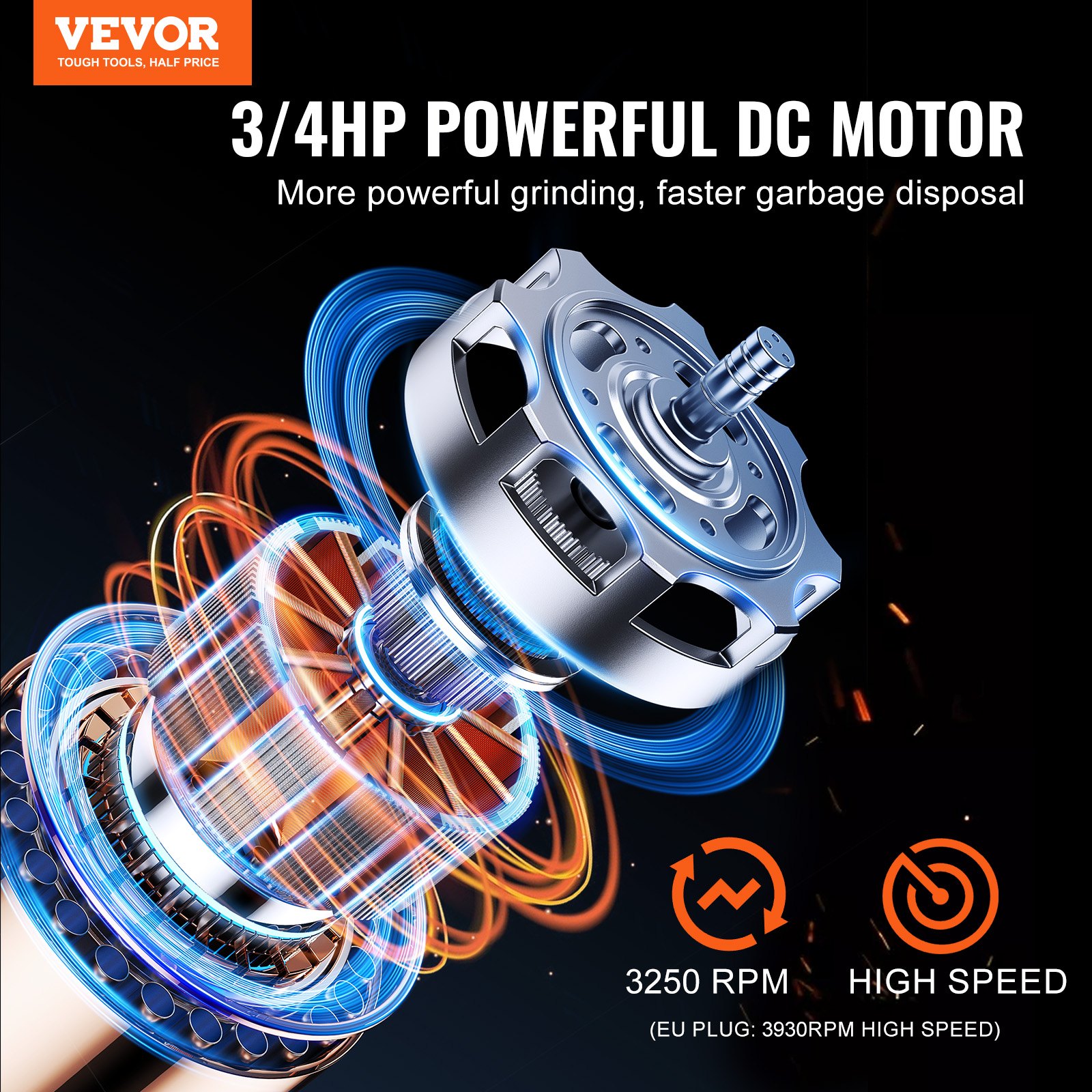 VEVOR Triturador de Basura para Fregadero de Cocina, 3/4 HP, Sistema de Eliminación de Residuos de Alimentos, 3930 RPM, con Cable de Alimentación, para el Hogar, Cocina, 185 x 185 x 395 mm, Negro