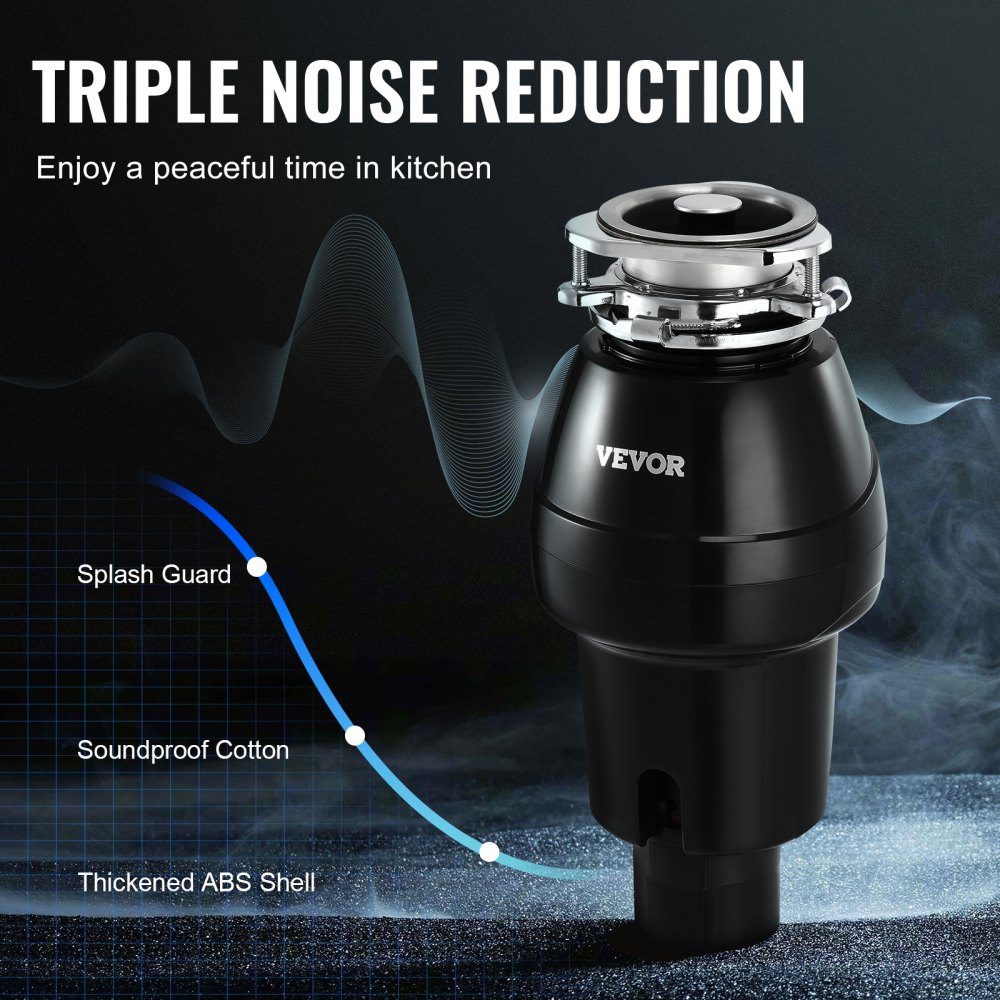 VEVOR Triturador de Basura para Fregadero de Cocina, 3/4 HP, Sistema de Eliminación de Residuos de Alimentos, Montaje de 3 Pernos, 3600 RPM, con Cable de Alimentación, 185 x 185 x 370 mm, Negro