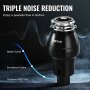 VEVOR Triturador de Basura para Fregadero de Cocina, 3/4 HP, Sistema de Eliminación de Residuos de Alimentos, Montaje de 3 Pernos, 3600 RPM, con Cable de Alimentación, 185 x 185 x 370 mm, Negro