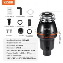 VEVOR Triturador de Basura de 3/4 HP 3600 RPM 3 Pernos 185 x 185 x 370 mm Negro