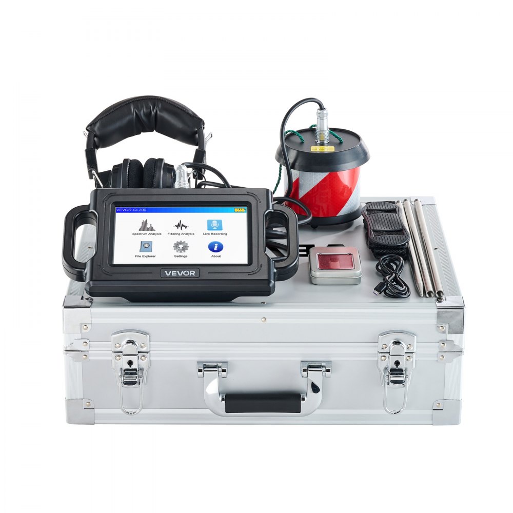 VEVOR Detector de Fugas de Agua para Tuberías, 1–5000 Hz, Pantalla Táctil de 17,78 cm, 2 m de Profundidad, con Sensor, 3 Varillas de Escucha, Auriculares, Tarjeta de 8 GB y Estuche de Transporte