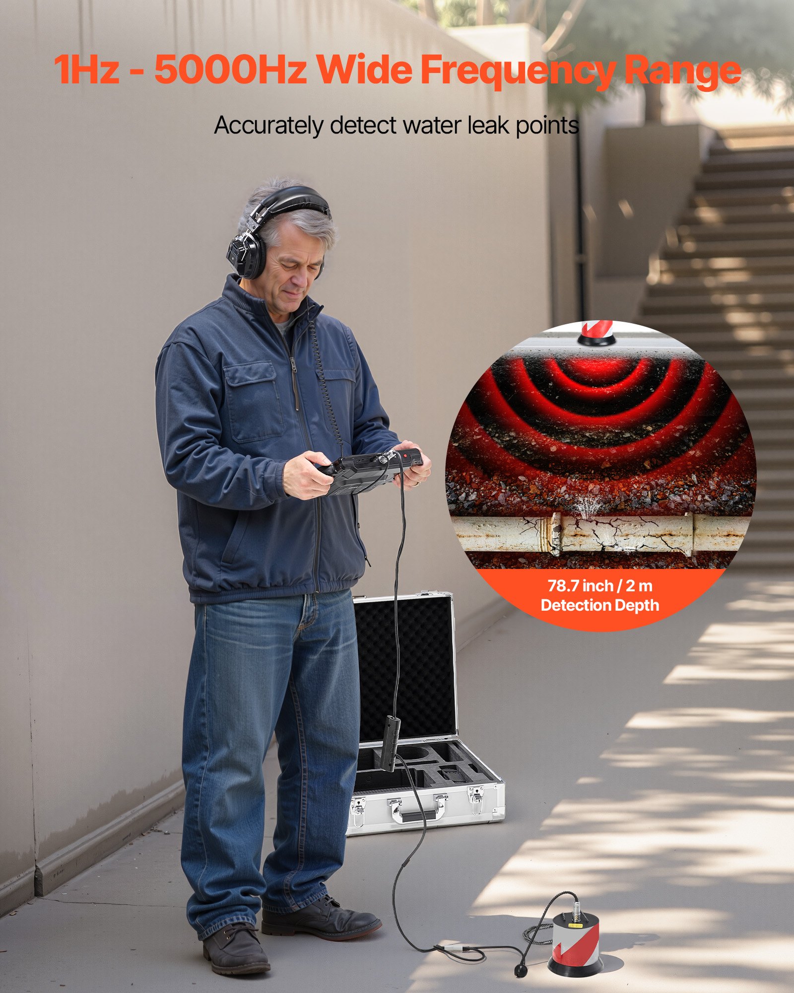 VEVOR Detector de Fugas de Agua para Tuberías, 1–5000 Hz, Pantalla Táctil de 17,78 cm, 2 m de Profundidad, con Sensor, 3 Varillas de Escucha, Auriculares, Tarjeta de 8 GB y Estuche de Transporte