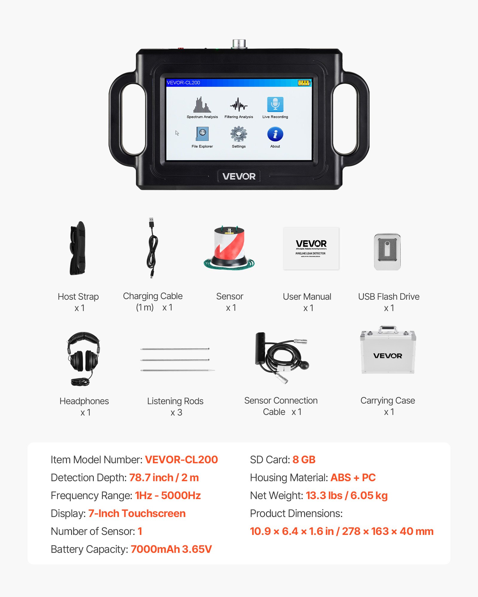 VEVOR Detector de Fugas de Agua para Tuberías, 1–5000 Hz, Pantalla Táctil de 17,78 cm, 2 m de Profundidad, con Sensor, 3 Varillas de Escucha, Auriculares, Tarjeta de 8 GB y Estuche de Transporte
