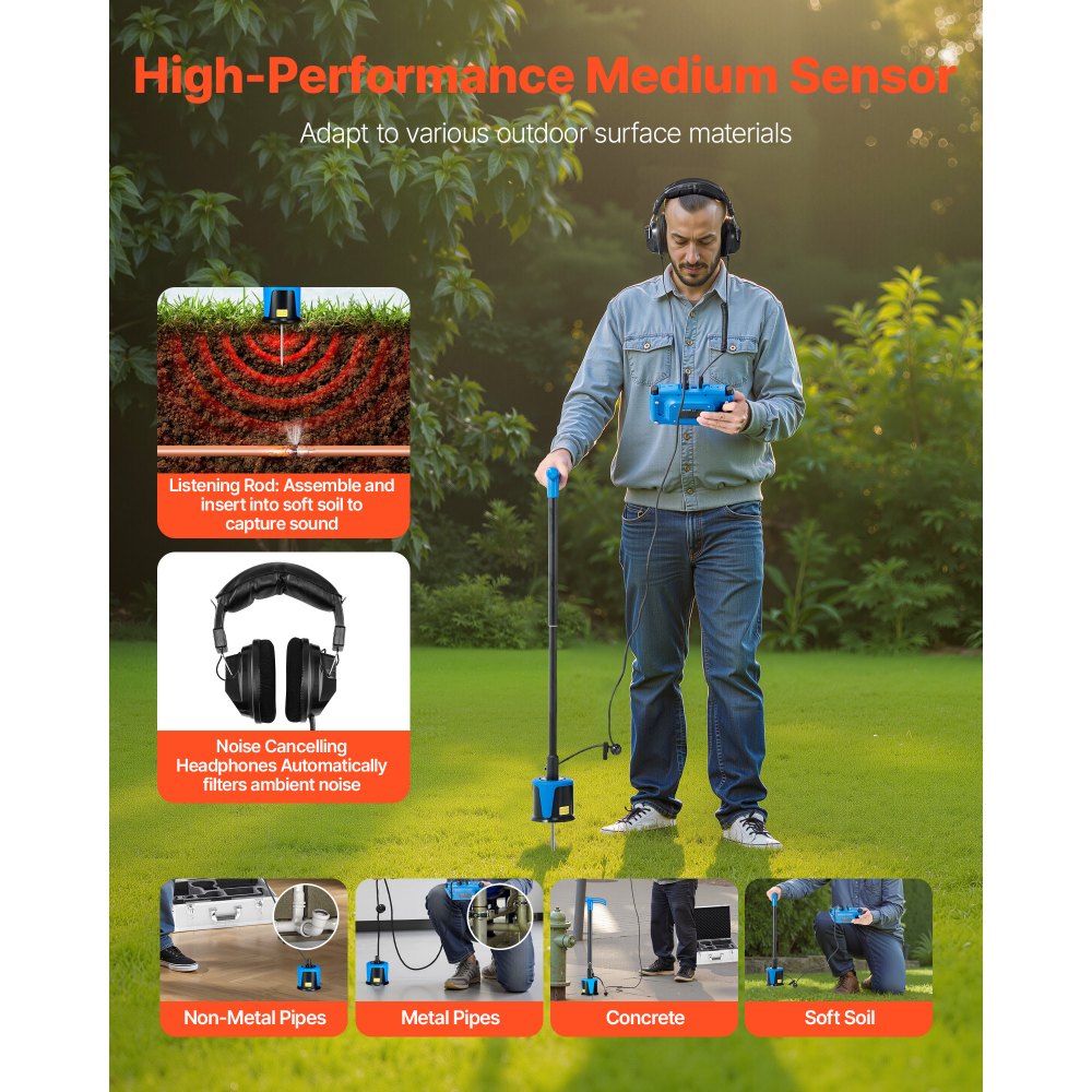 VEVOR Detector de Fugas de Agua para Tuberías Subterráneas, 1–10 000 Hz, Pantalla Táctil 17,78 cm, 5 m de Longitud, con Sensor Mediano, 3 Varillas de Escucha, Auriculares y Estuche de Transporte