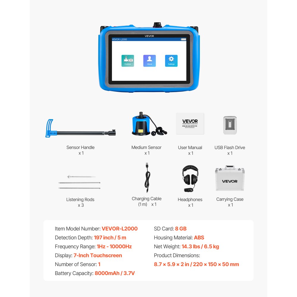 VEVOR Detector de Fugas de Agua para Tuberías Subterráneas, 1–10 000 Hz, Pantalla Táctil 17,78 cm, 5 m de Longitud, con Sensor Mediano, 3 Varillas de Escucha, Auriculares y Estuche de Transporte