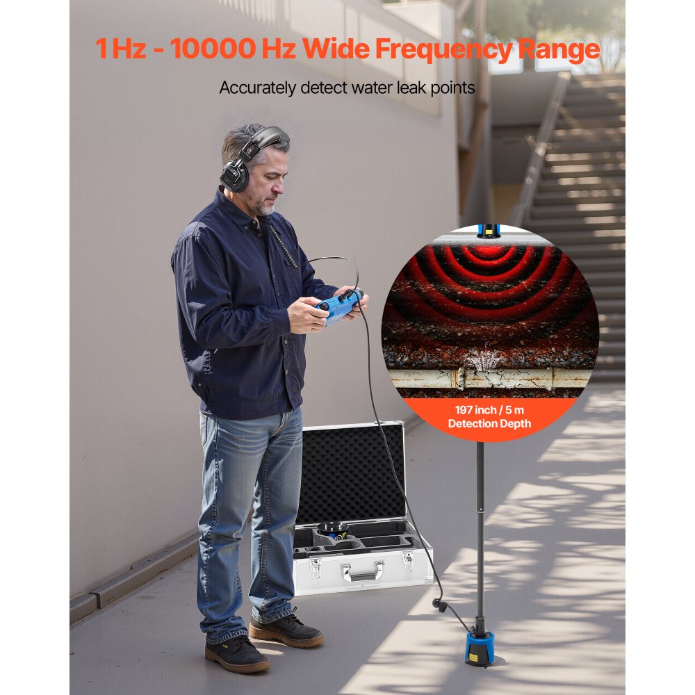 VEVOR Detector de Fugas de Agua para Tuberías Subterráneas, 5 m de Longitud, con Pantalla Táctil de 17,78 cm y 1-10 000 Hz, Sensor Mediano y Grande, 3 Varillas de Escucha, Auriculares y Estuche